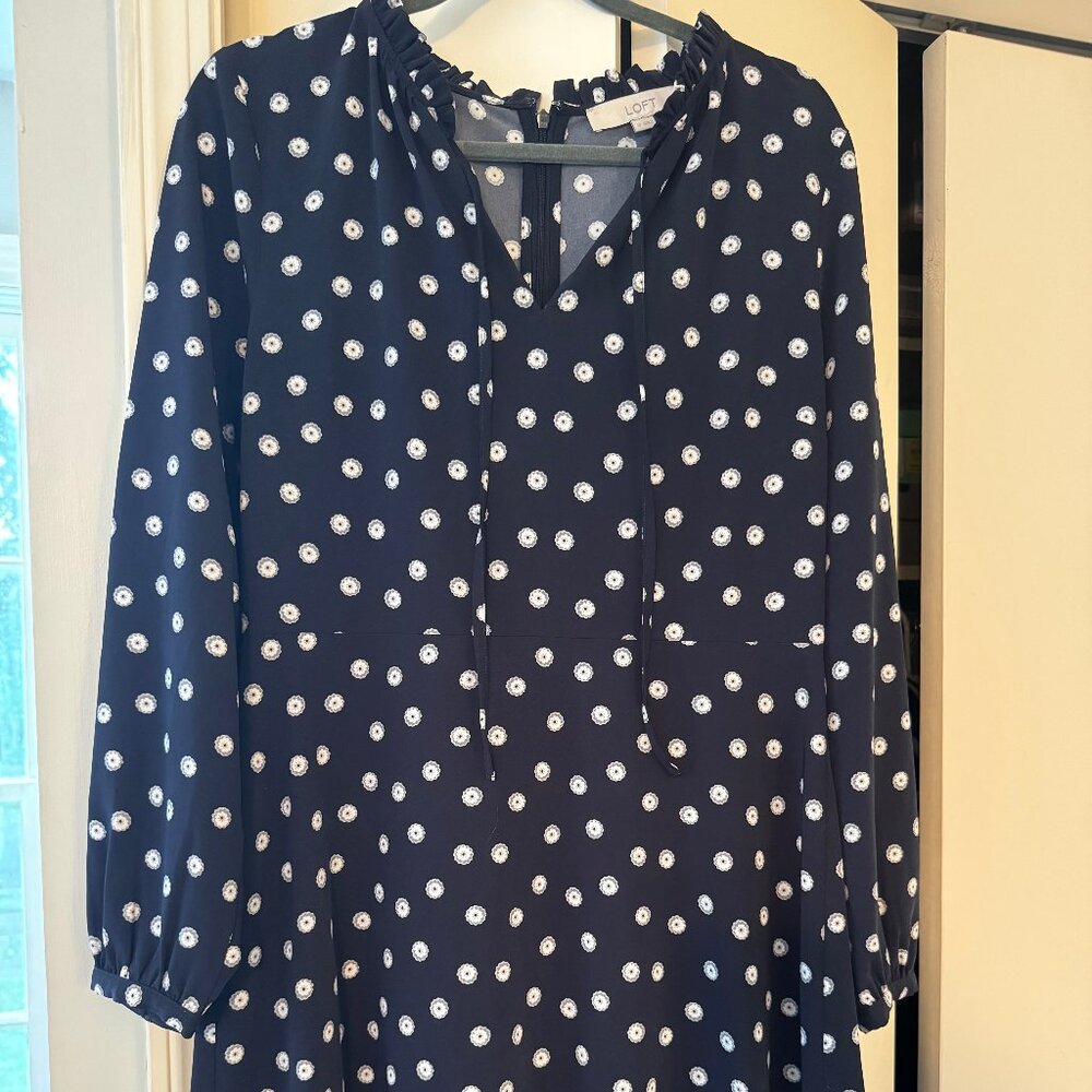 LOFT navy blue polka dot print dress NWOT Size 10